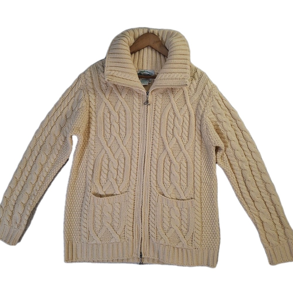 Aran Crafts Sweater Women's M Yellow Fisherman Merino Wool Cardigan Ireland Zip
